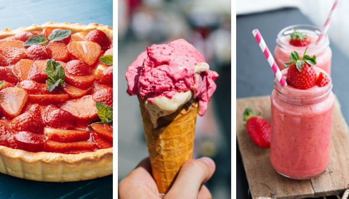 Three photos side-by-side – one with a strawberry tart, one is strawberry ice cream, and one is a strawberry smoothie.
