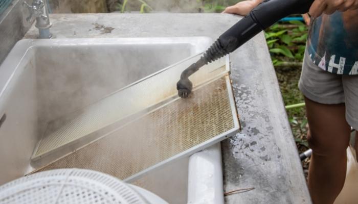 Cleaning filters in outside sink