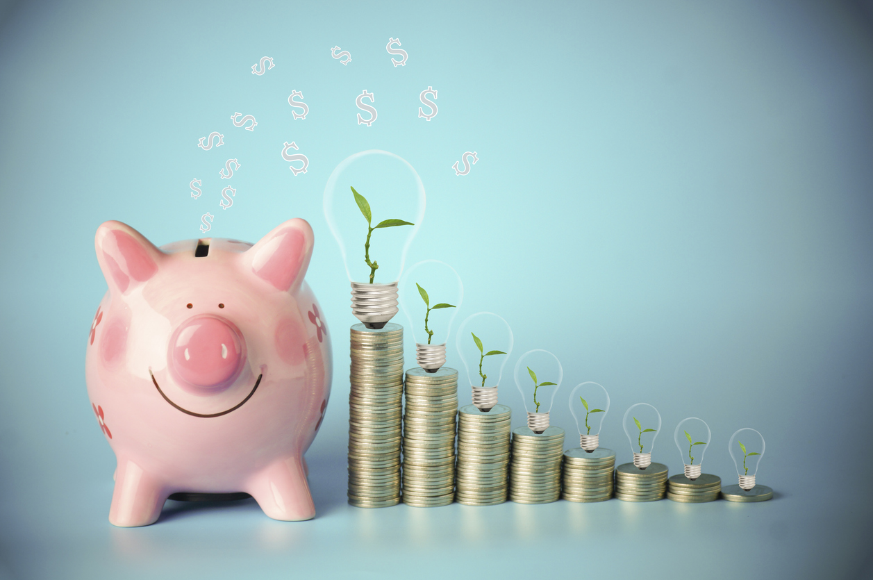 a piggy bank smiling with sprouts
