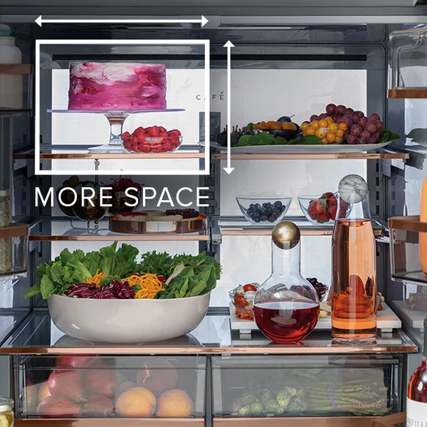 A graphic shows the adjustable capacities found in a Cafe Refrigerator