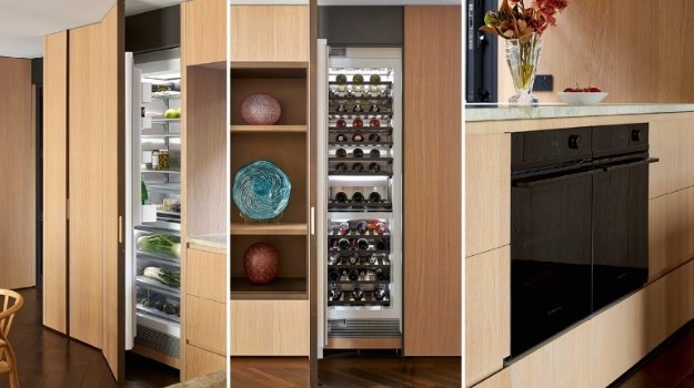 Three images of a luxury, wood paneled kitchen with luxury refrigerator models 