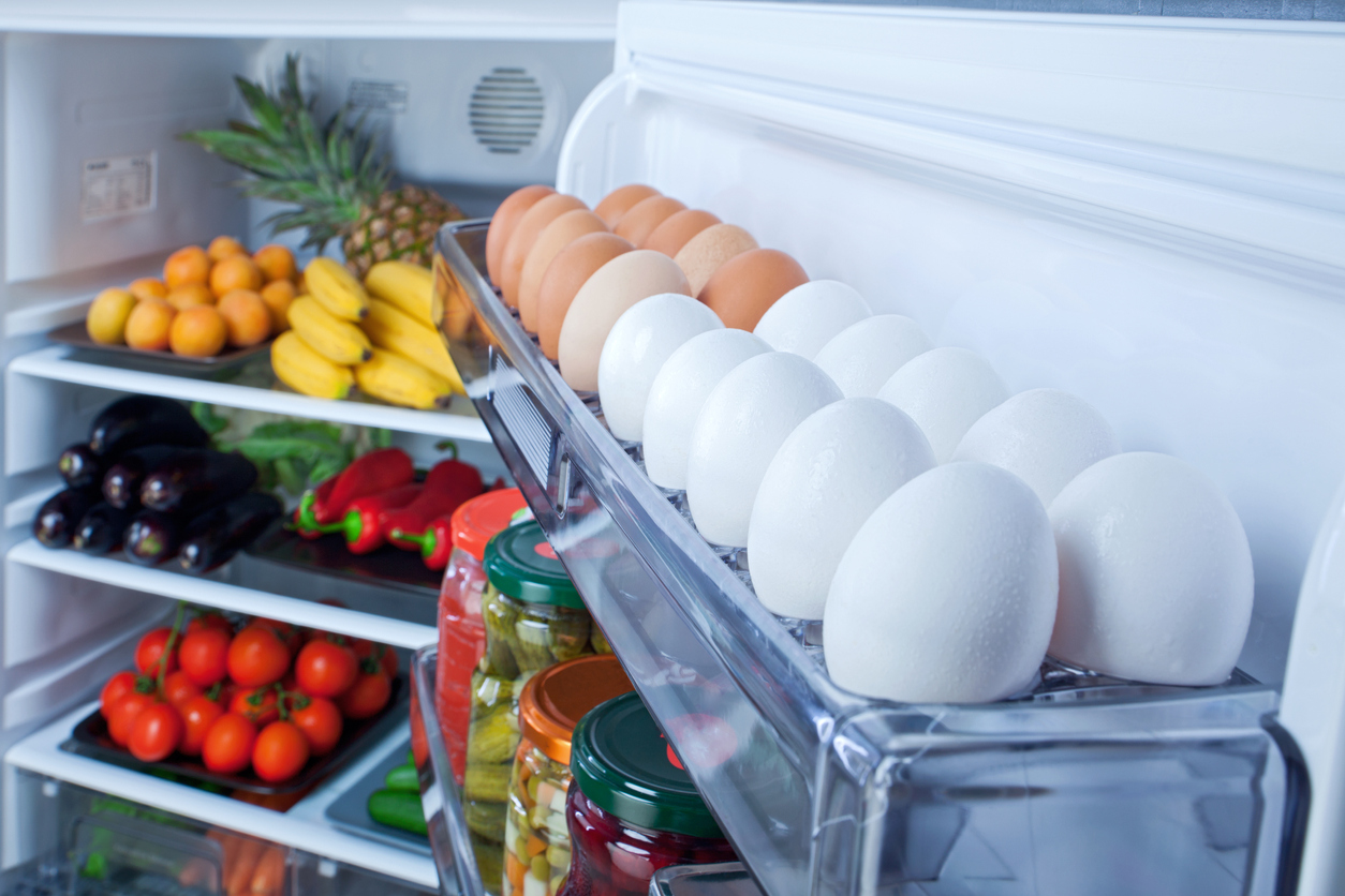 fruits, veggies, and eggs organized