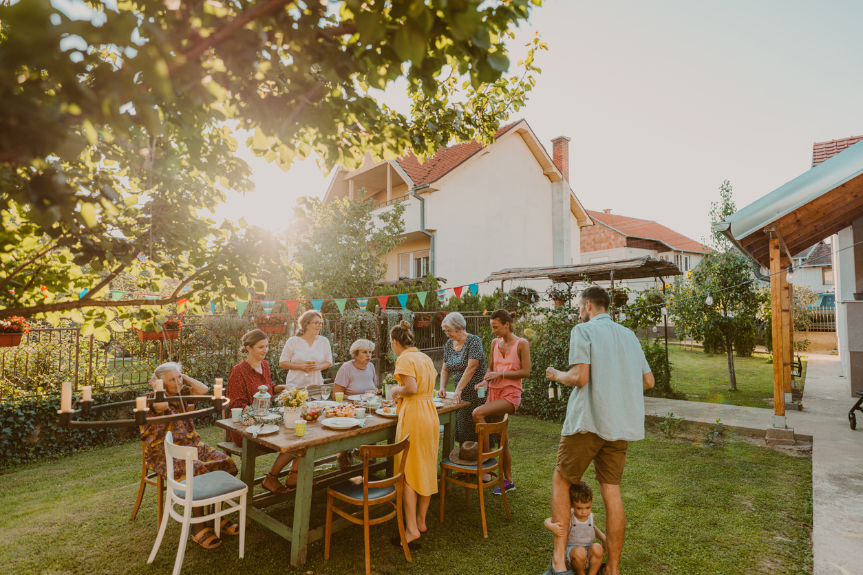 backyard party with outdoor speaker