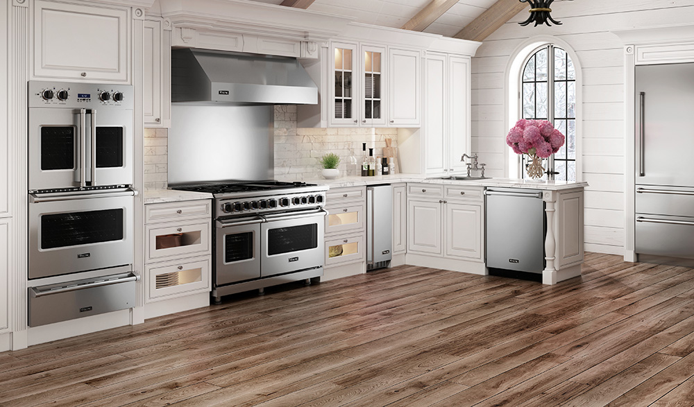 Modern viking kitchen with cream cabinets
