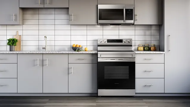 modern white tile kitchen with samsung electric range