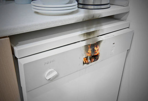 white dishwasher with small electrical fire