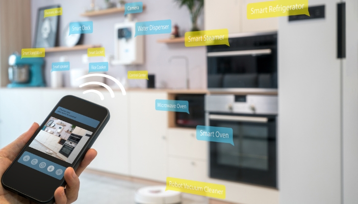 Closeup of someone using their phone to connect to their smart kitchen