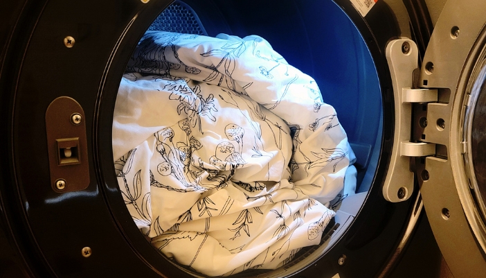 Closeup of a comforter in the dryer