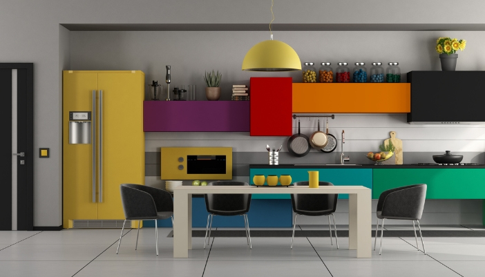 A colorful kitchen with colorful appliances