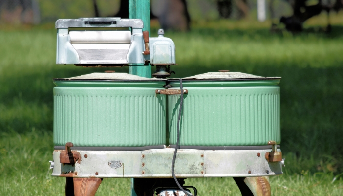 Closeup of a vintage, electric washing machine