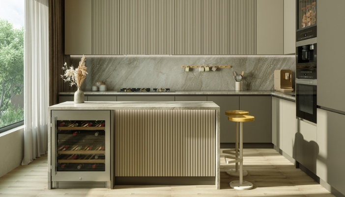 A stainless steel wine fridge rests in an island in a modern kitchen.