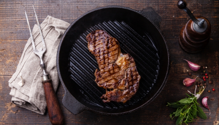 Steak with grill marks from the pan