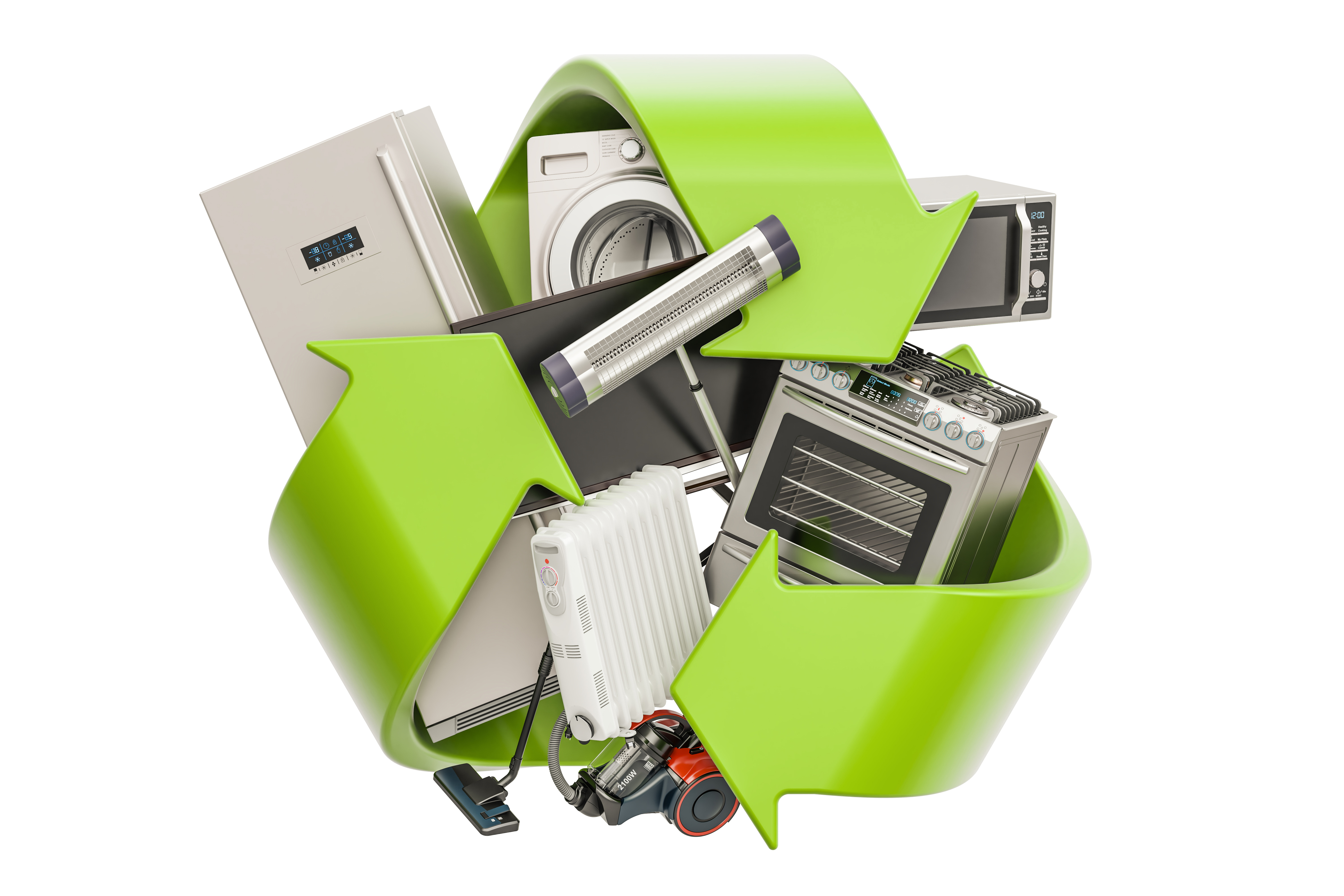 green recycling symbol intertwined with various household appliances