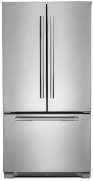 front view of the Jenn-Air® RISE™ 21.9 Cu. Ft. Stainless Steel Freestanding French Door Refrigerator