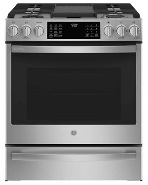 front view of the GE Profile™ 30" Fingerprint Resistant Stainless Steel Slide In Dual Fuel Range