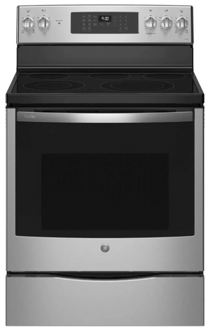 front view of the GE Profile™ 30" Fingerprint Resistant Stainless Freestanding Electric Range