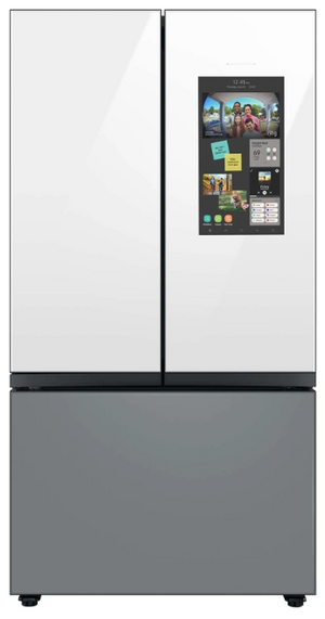 front view of the Samsung Bespoke 24 Cu. Ft. Matte Grey/White Glass Counter Depth 3-Door French Door Refrigerator with Family Hub™