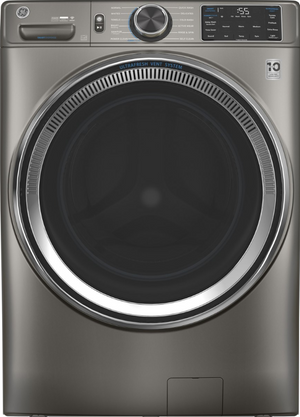 front view of the GE® 4.8 Cu. Ft. Satin Nickel Smart Front Load Washer