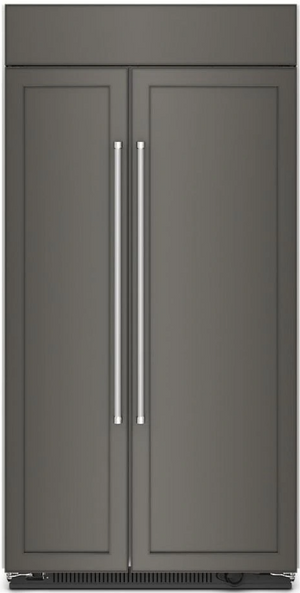 front view of the KitchenAid® 42 in. 25.5 Cu. Ft. Panel Ready Built In Counter Depth Side-by-Side Refrigerator with grey panels