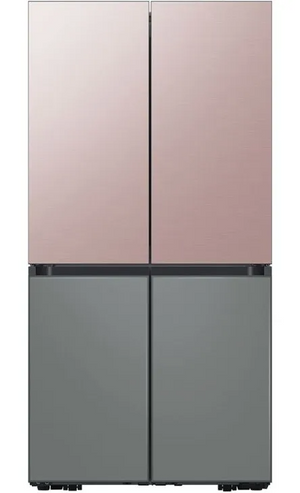 front view of the Samsung Bespoke 29.0 Cu. Ft. Panel Ready Standard Depth French Door Refrigerator with pink top panels and grey bottom panels
