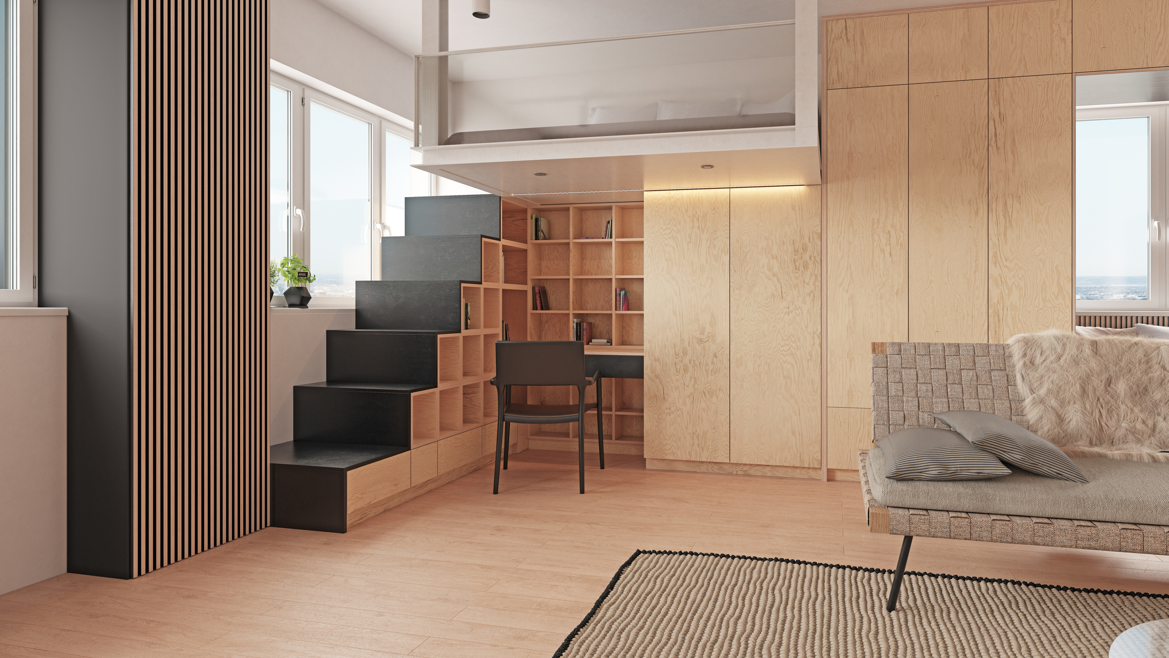 small studio apartment design with lofted bedroom