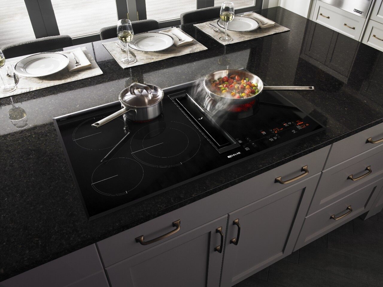 pots and pan cooking on top of downdraft cooktop with smoke being ventilated