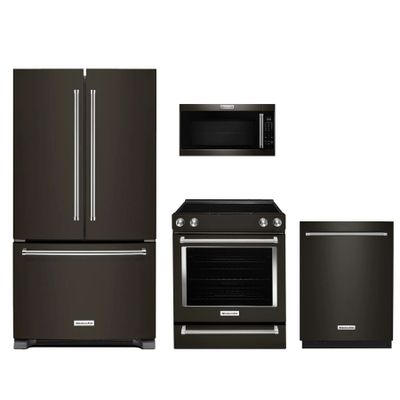 front view of a kitchenaid appliance package with a refrigerator, microwave, range, and dishwasher