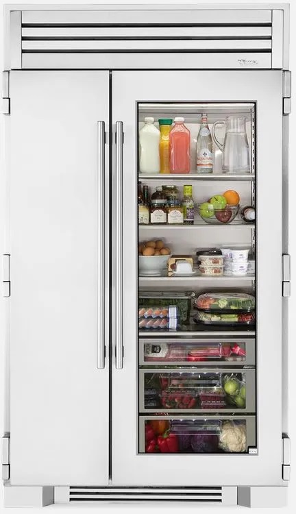 stainless steel side by side fridge with glass door