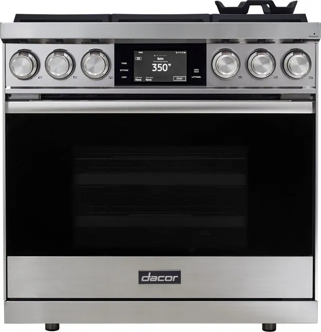 stainless steel Dacor dual fuel range with black accents