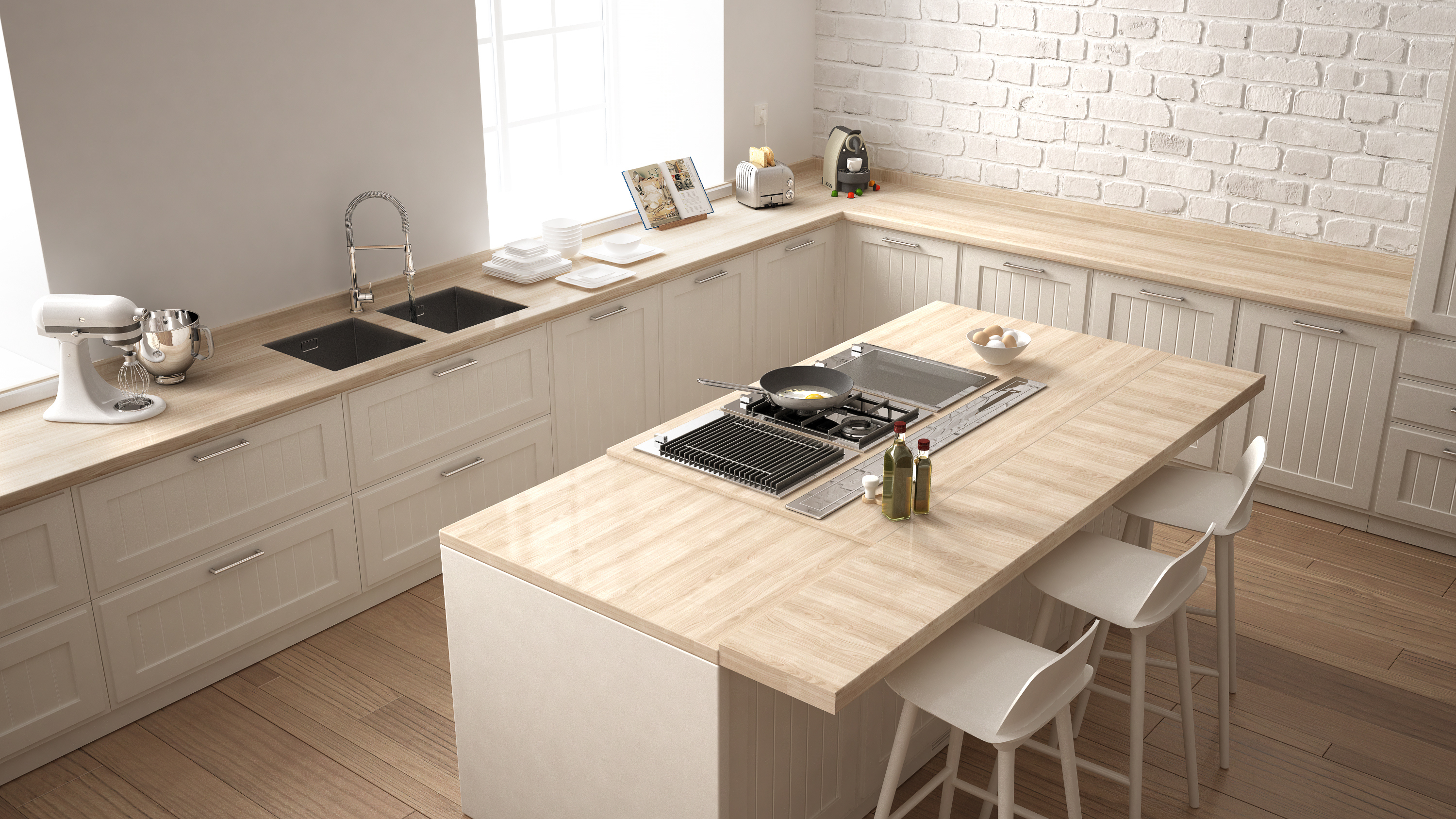 minimalistic L shape kitchen with wood accents