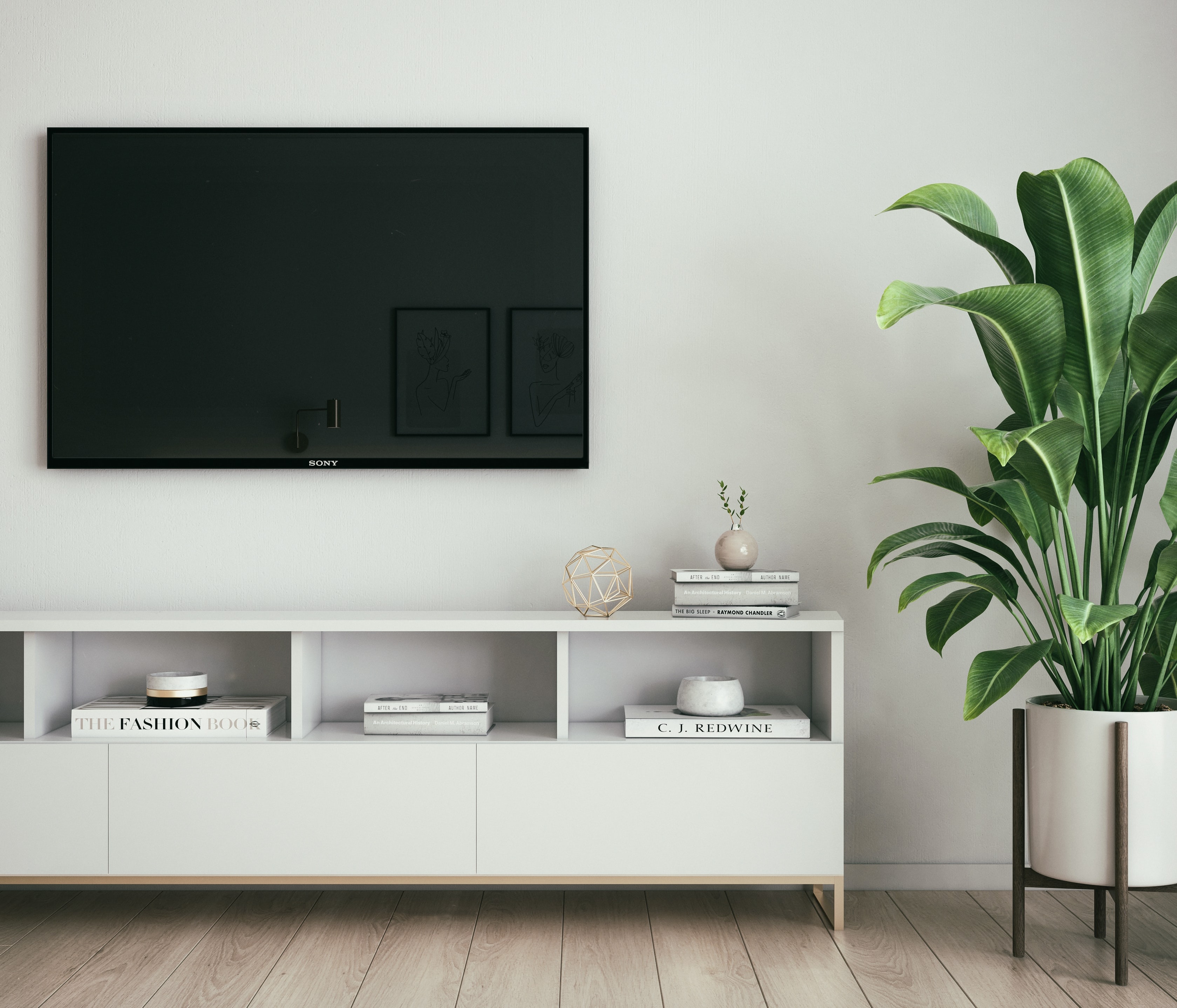 white living room with mounted Sony tv