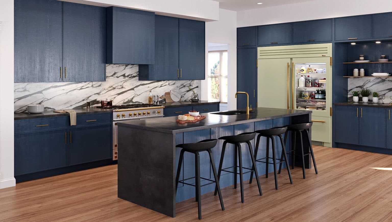 luxury kitchen with custom sage green True refrigerator