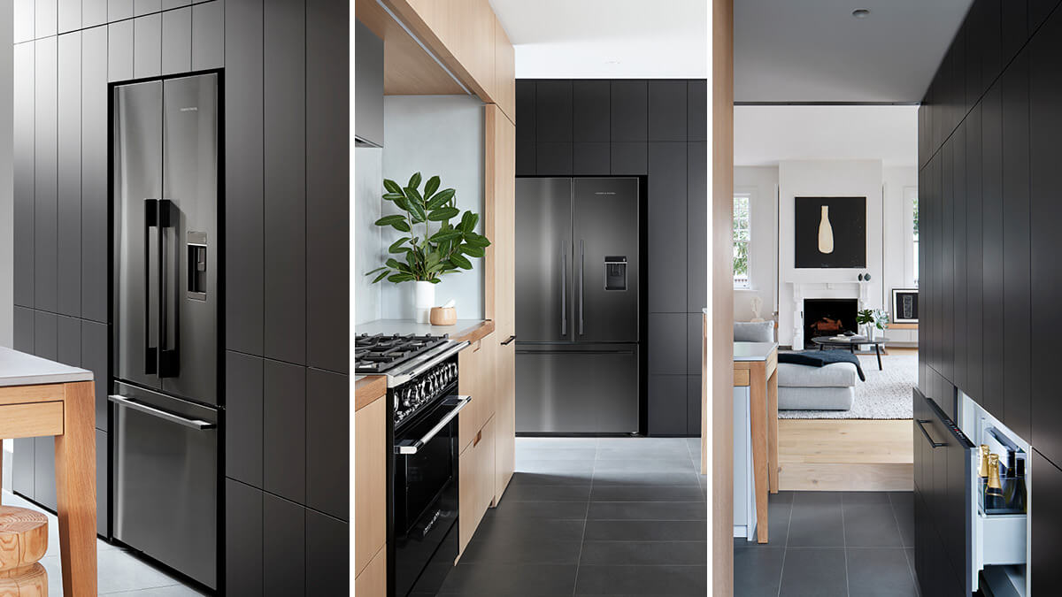 Three stills of Fisher Paykel appliances in an ultra modern, minimalist style home