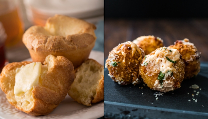 Collage of popovers and parmesan bread bites