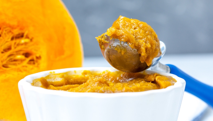 A closeup of a scoop of pumpkin ice cream