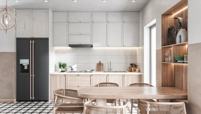 A side-by-side fridge sits in a modern, stylish kitchen