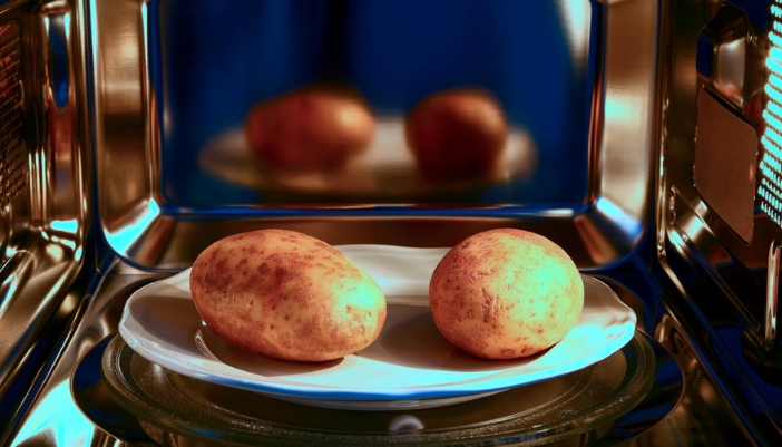 A pair of potatoes sits in a microwave to be baked.