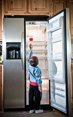 iStock Credit: RonTech2000 A child reaching for an apple inside a side by side refrigerator