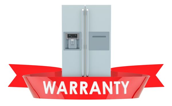 A graphic of a refrigerator with a red banner reading warranty