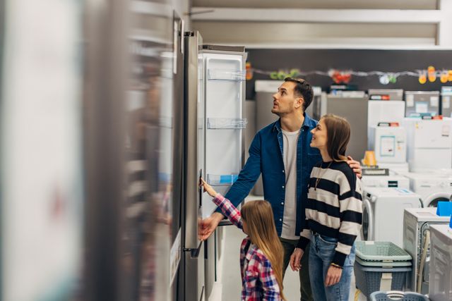 Side view of a family of three examining a refrigerator in an appliance store