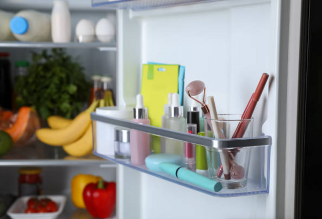Close view of skincare products sitting in the door of a refrigerator