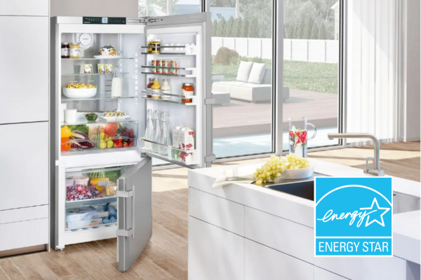 Energy star certified Liebherr bottom freezer refrigerator in a kitchen