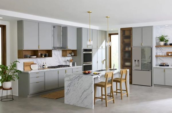LG counter depth French door refrigerator in an elegant modern kitchen