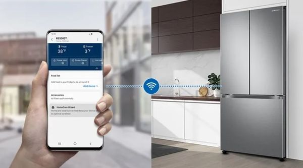 A homeowner monitors his Samsung refrigerator via the Samsung app