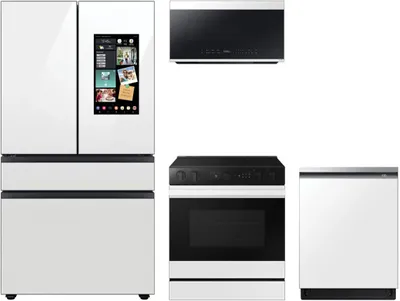 A Samsung kitchen package with a RF23BB890012 refrigerator, DW80BB707012 dishwasher, NSE6DB870012 range, and ME21DB670012 microwave 