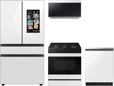Credit: Samsung A Samsung kitchen package featuring the RF23BB890012 refrigerator, DW80BB707012 dishwasher, NSG6DB870012 range, and ME21DB670012 microwave