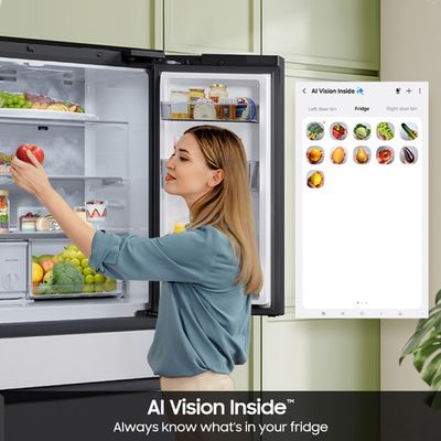 A graphic showing a woman using the AI Vision Inside refrigerator feature