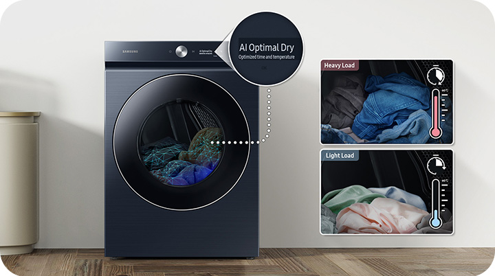 A graphic describing the AI Optimal Dry function on a Samsung Bespoke dryer