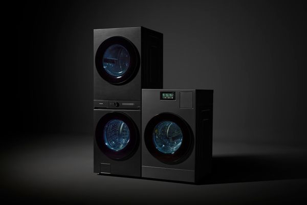 Samsung Bespoke AI laundry appliances against a black background