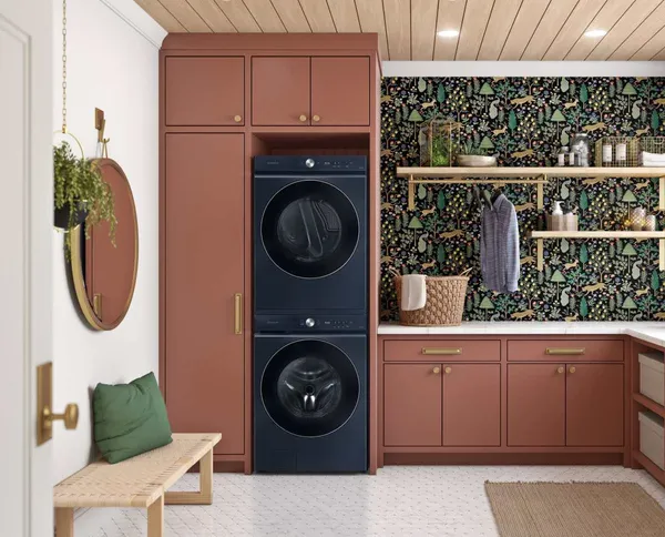 The Samsung Bespoke DVG53BB8900D washer and WF53BB8900AD dryer in a modern laundry room 